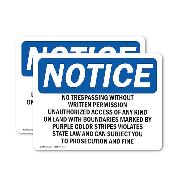 Signmission No Trespassing Without Written Permission OSHA Notice Sign, Vinyl Decal, 10in W x 7in L, 2PK OS-2PACK-NS-D-710-L-15007 - main